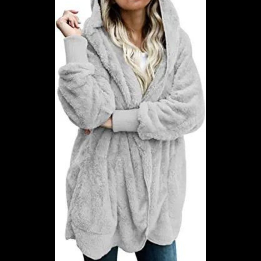 Womens Long Sleeve Grey Fuzzy Fleece Open Front Hooded Cardigan- Medium